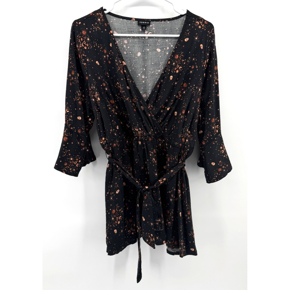 Torrid Babydoll Black Orange Top Celestial Skull Halloween Tie Front Women 00/10